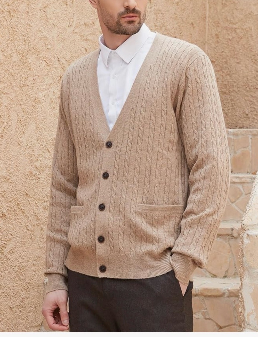 NWT Men's Cable Knit V-Neck Cardigan Sweater - Beige size 3XL with pockets